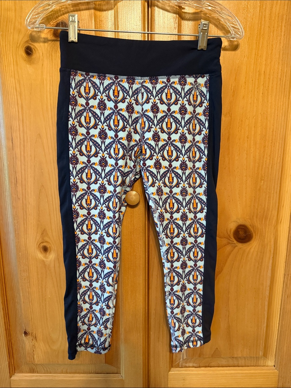 Tory Sport Cropped Leggings Geometric Print Navy Blue Orange S